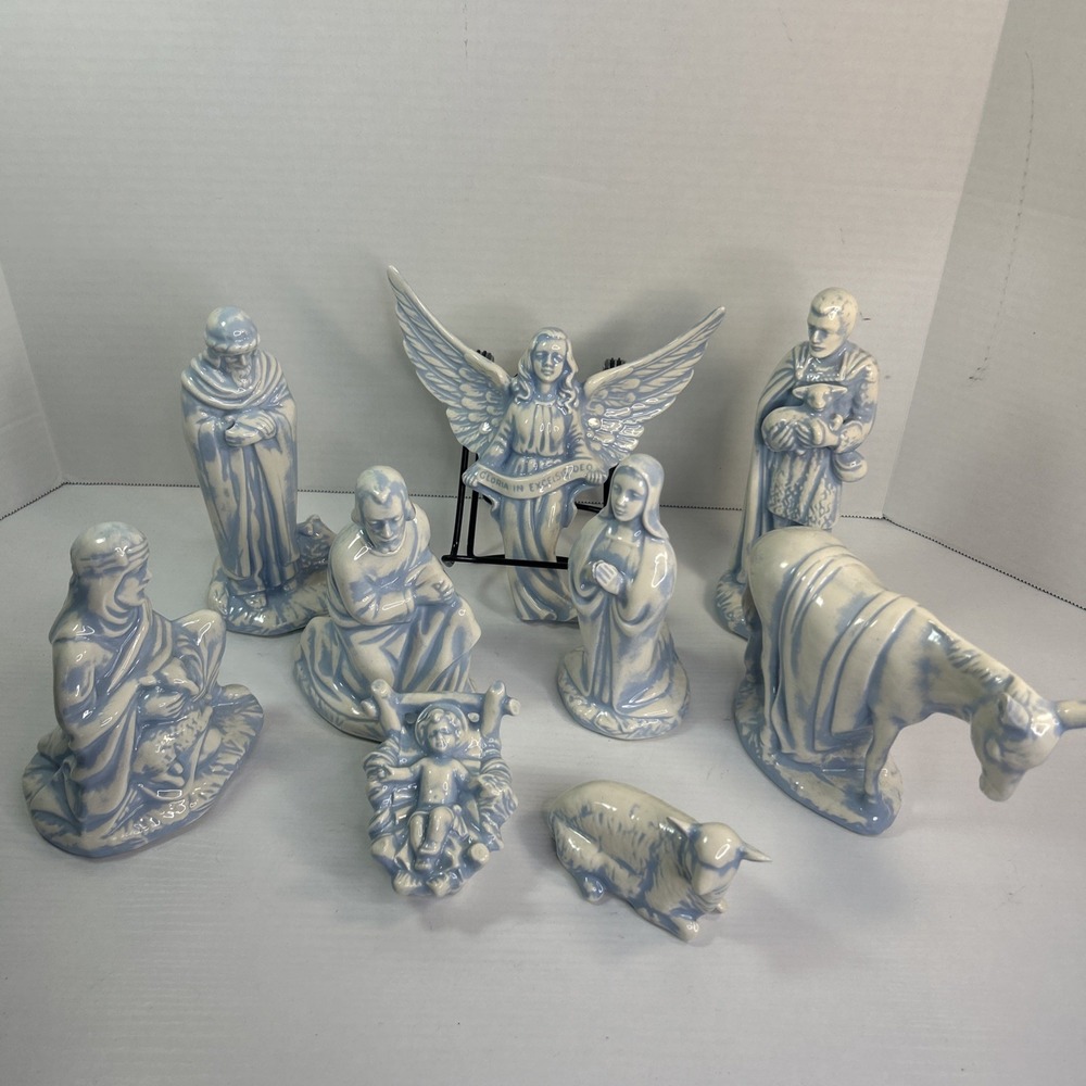 Vintage Holland Mold Ceramic White Blue Washed Glazed 9‎ Pc Nativity